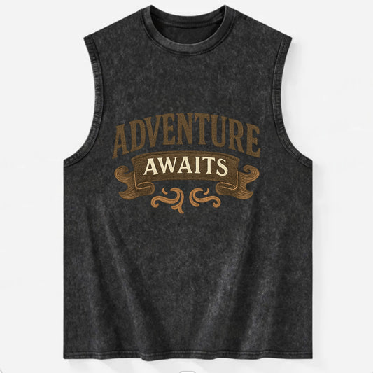 Bold typography design - "ADVENTURE AWAITS" - excitement ahead, ready for - Vintage Washed Tank - Black