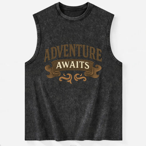 Bold typography design - ADVENTURE AWAITS - excitement ahead, ready for - Vintage Washed Tank