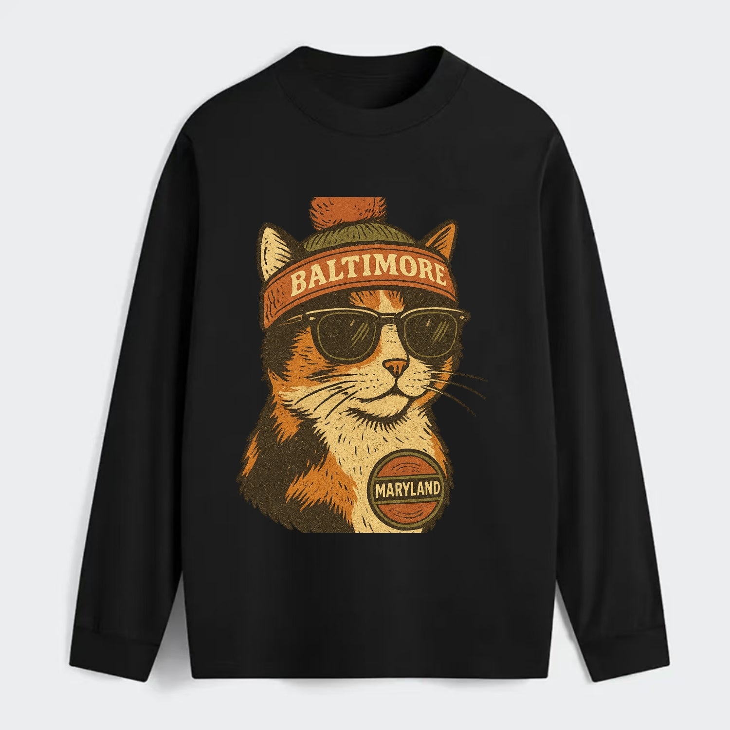 Maryland Calico Cat wearing Baltimore beanie with pom pom and wayfarer - Classic Long Sleeve Shirt - Black
