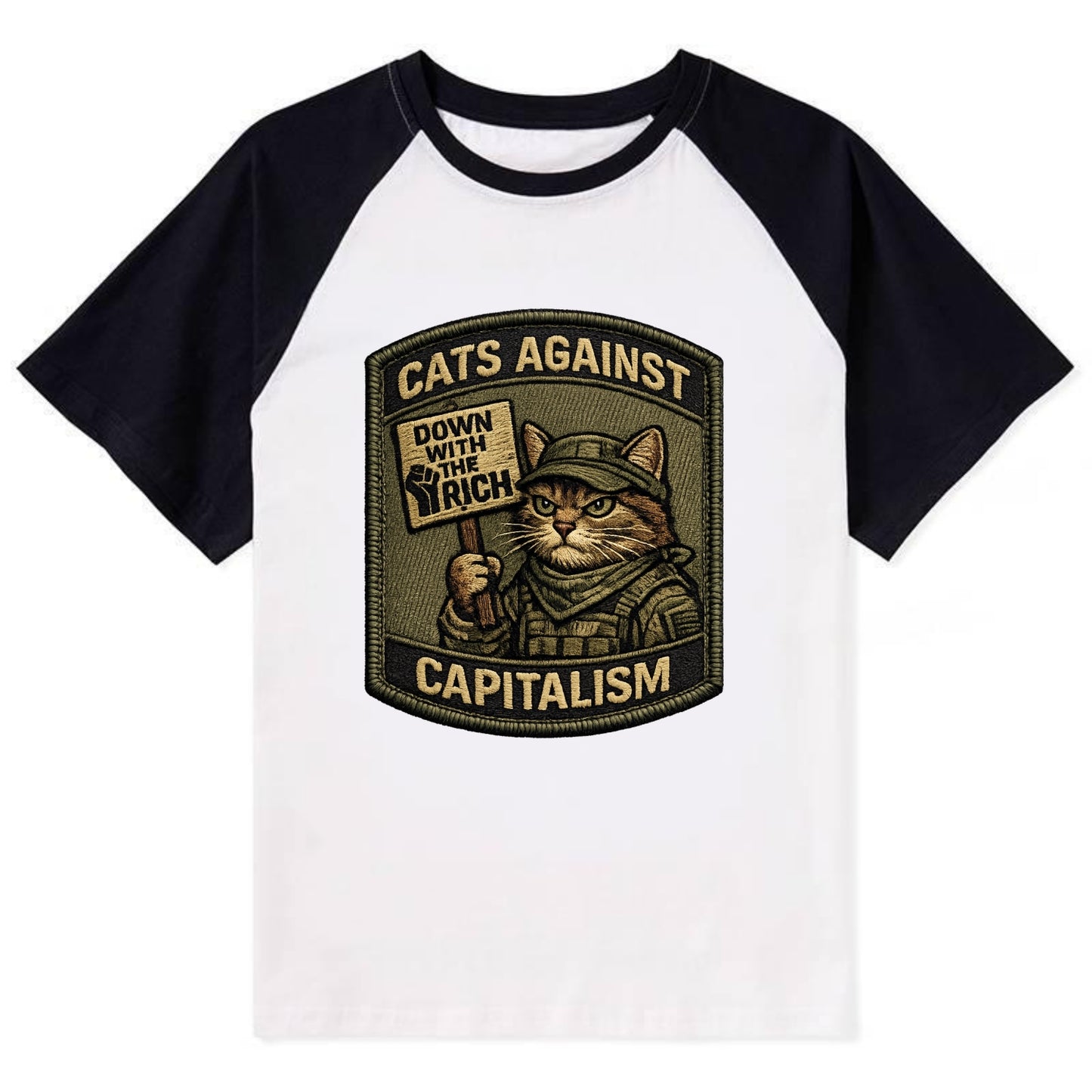 CATS AGAINST CAPITALISM - cat with protest sign in red , political cat - Contrast Raglan T-shirt - Black