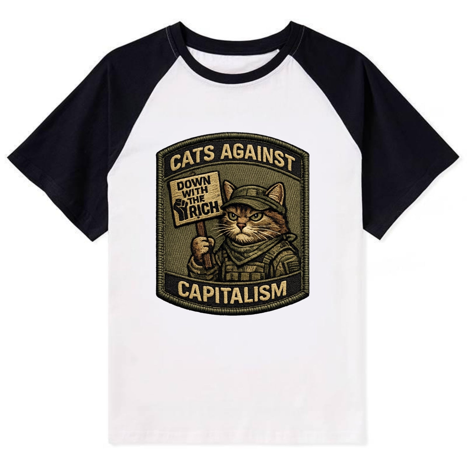 CATS AGAINST CAPITALISM - cat with protest sign in red , political cat - Contrast Raglan T-shirt - Black