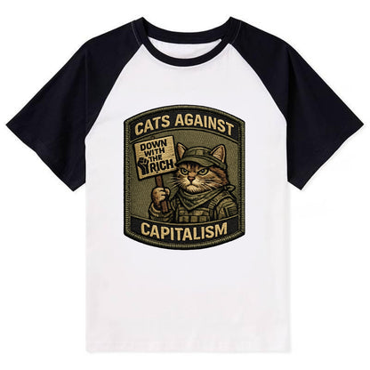 CATS AGAINST CAPITALISM - cat with protest sign in red , political cat - Contrast Raglan T-shirt - Black