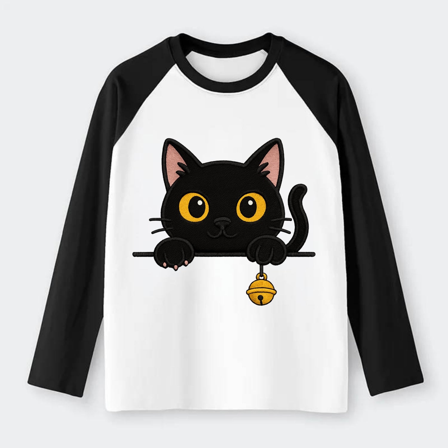 Midnight the black cat leaning sideways with chin resting on left paw. - Raglan Long Sleeve T-Shirt - Black