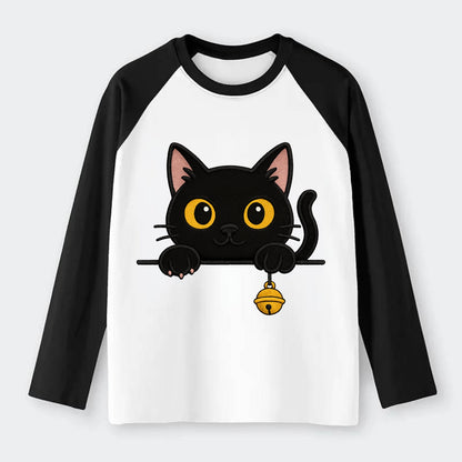 Midnight the black cat leaning sideways with chin resting on left paw. - Raglan Long Sleeve T-Shirt - Black