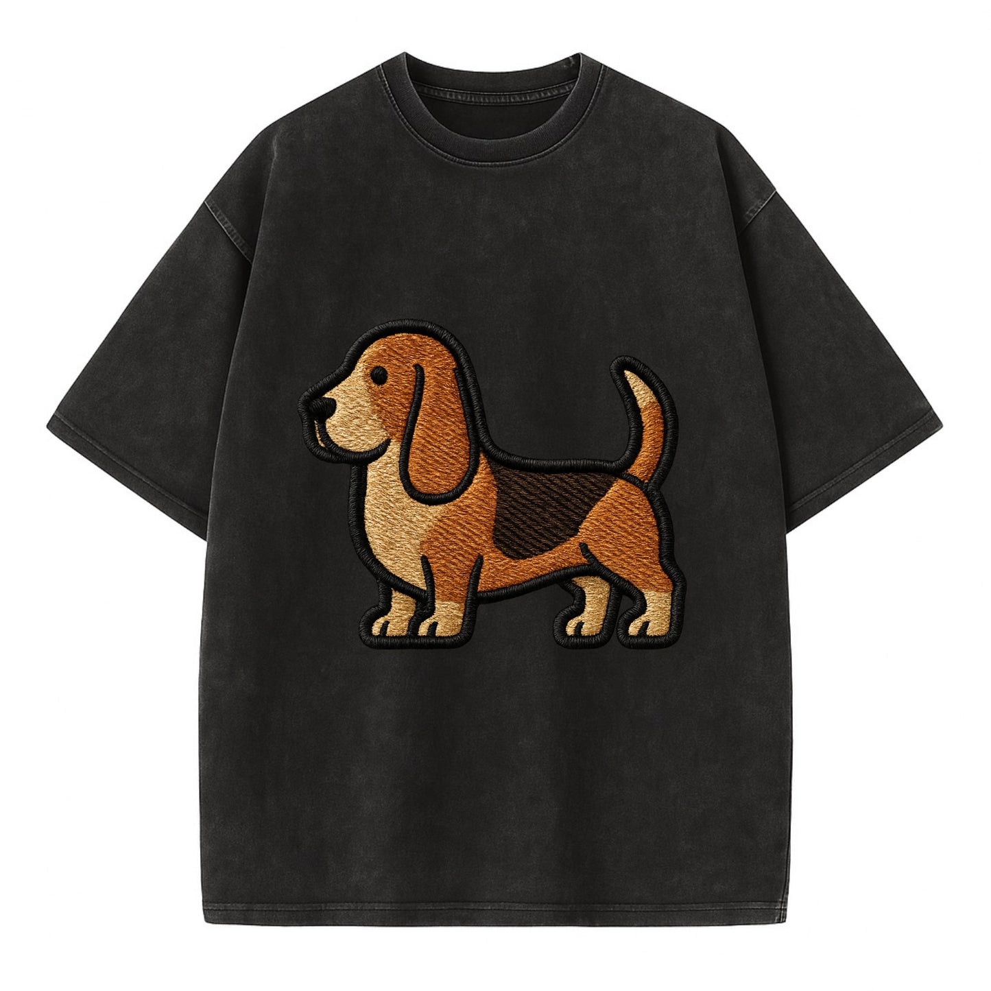 Basset Hound - Trendy low-rider design with prominent black outline - Vintage T-shirt - Black