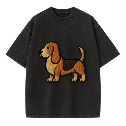 Basset Hound - Trendy low-rider design with prominent black outline - Vintage T-shirt - Black