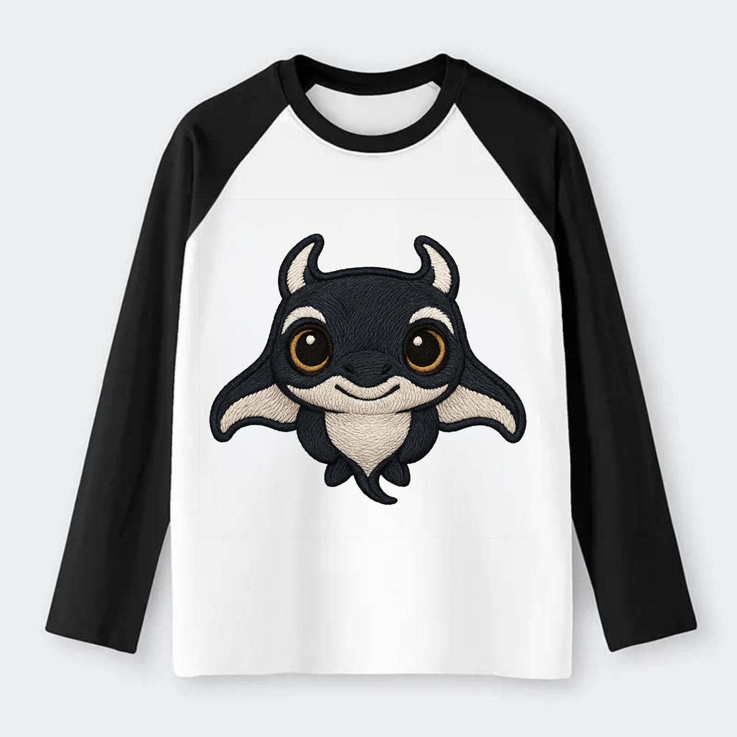 Baby Manta Ray - dark with white markings, cephalic fins, gentle eyes, - Raglan Long Sleeve T-Shirt - Black