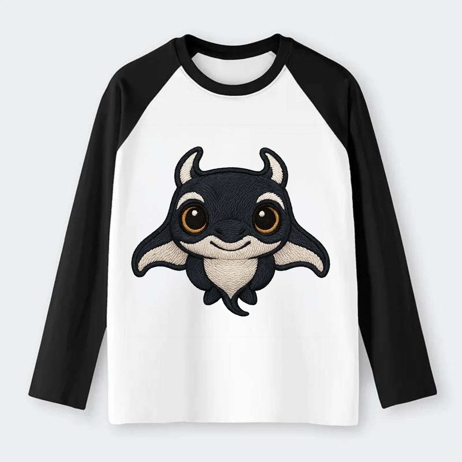 Baby Manta Ray - dark with white markings, cephalic fins, gentle eyes, - Raglan Long Sleeve T-Shirt - Black