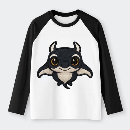 Baby Manta Ray - dark with white markings, cephalic fins, gentle eyes, - Raglan Long Sleeve T-Shirt - Black