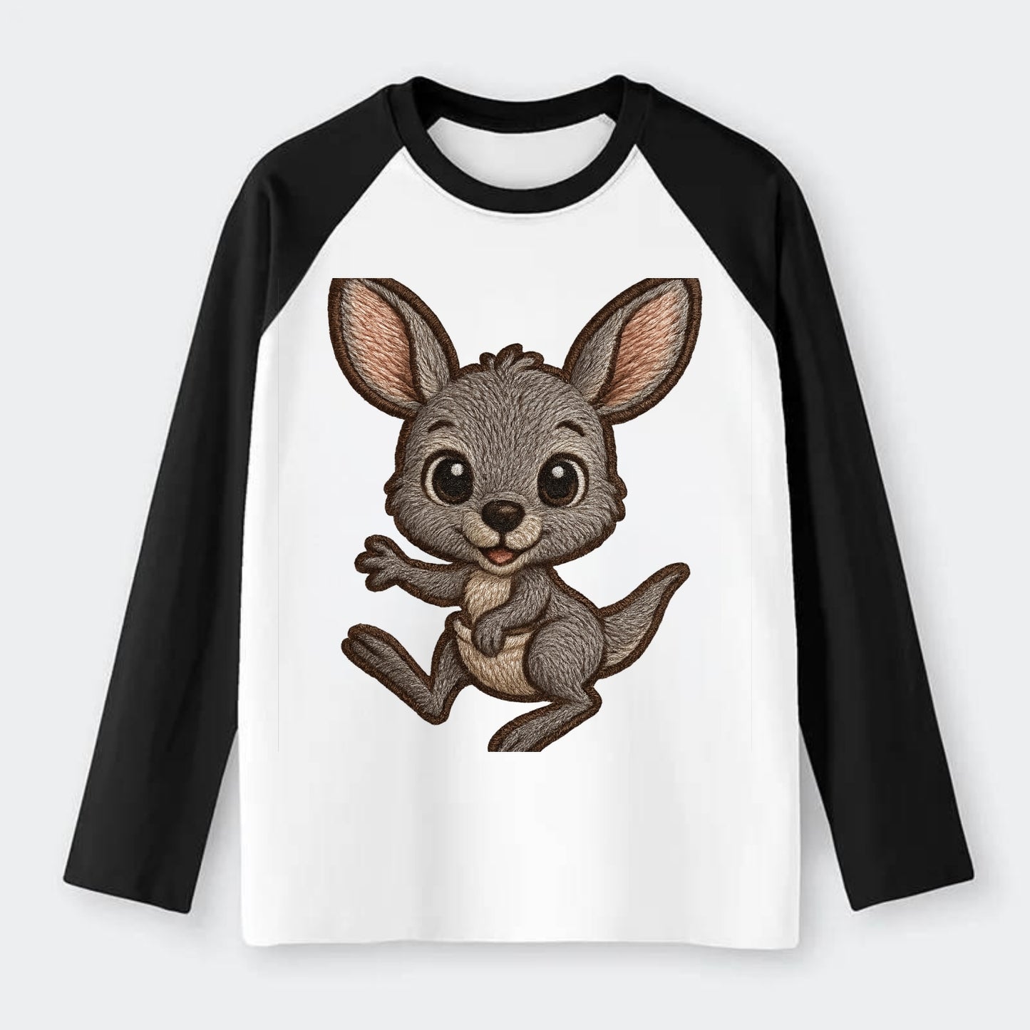 Baby Kangaroo Joey - gray fur, large ears, in pouch peek, bright eyes, - Raglan Long Sleeve T-Shirt - Black