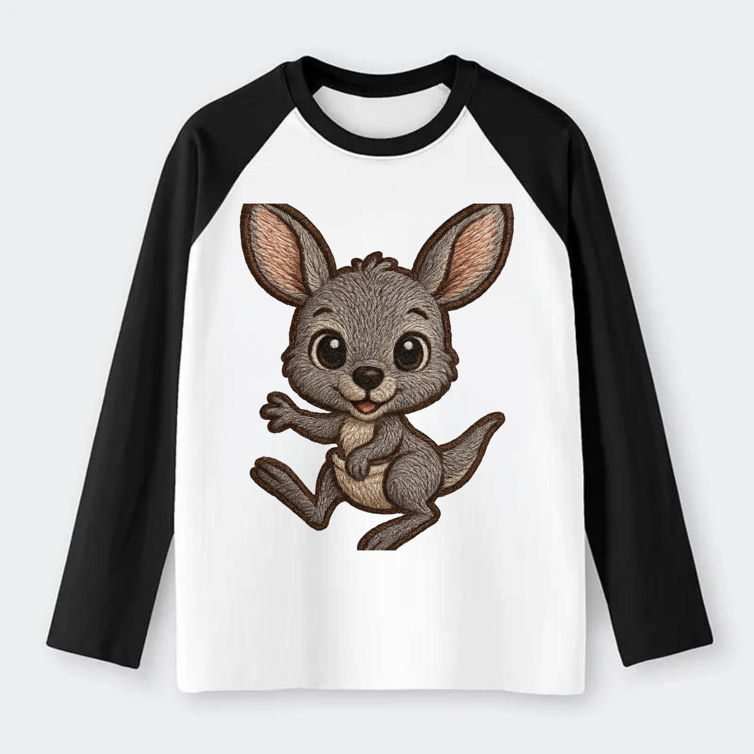 Baby Kangaroo Joey - gray fur, large ears, in pouch peek, bright eyes, - Raglan Long Sleeve T-Shirt - Black
