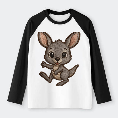 Baby Kangaroo Joey - gray fur, large ears, in pouch peek, bright eyes, - Raglan Long Sleeve T-Shirt - Black