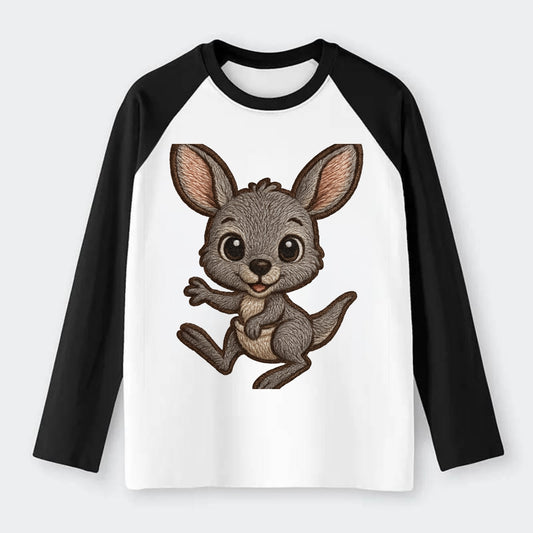Baby Kangaroo Joey - gray fur, large ears, in pouch peek, bright eyes, - Raglan Long Sleeve T-Shirt - Black