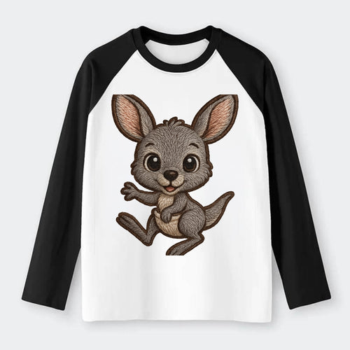 Baby Kangaroo Joey - gray fur, large ears, in pouch peek, bright eyes, - Raglan Long Sleeve T-Shirt