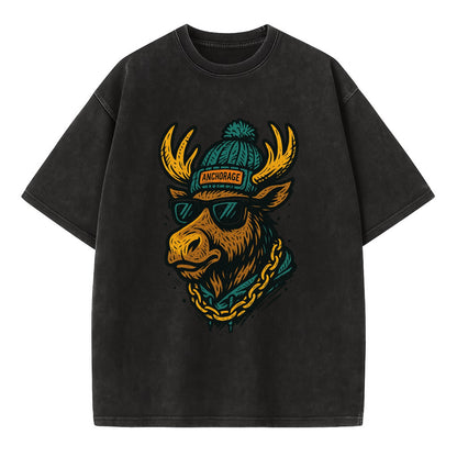 Alaska Moose wearing Anchorage beanie with pom pom and wayfarer sunglasses - Vintage T-shirt - Black