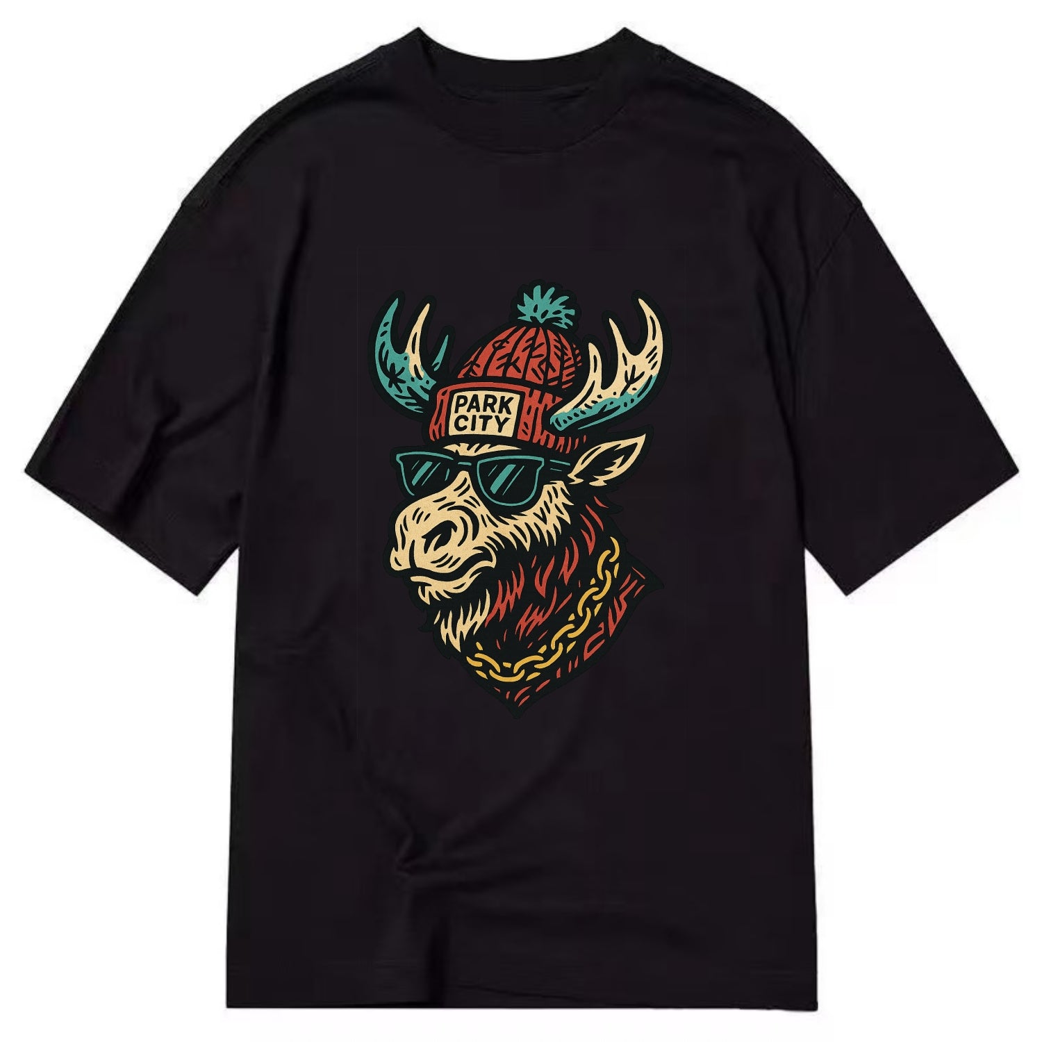 Park City Moose wearing Park City beanie with pom pom and wayfarer sunglasses - Classic T-shirt - Black