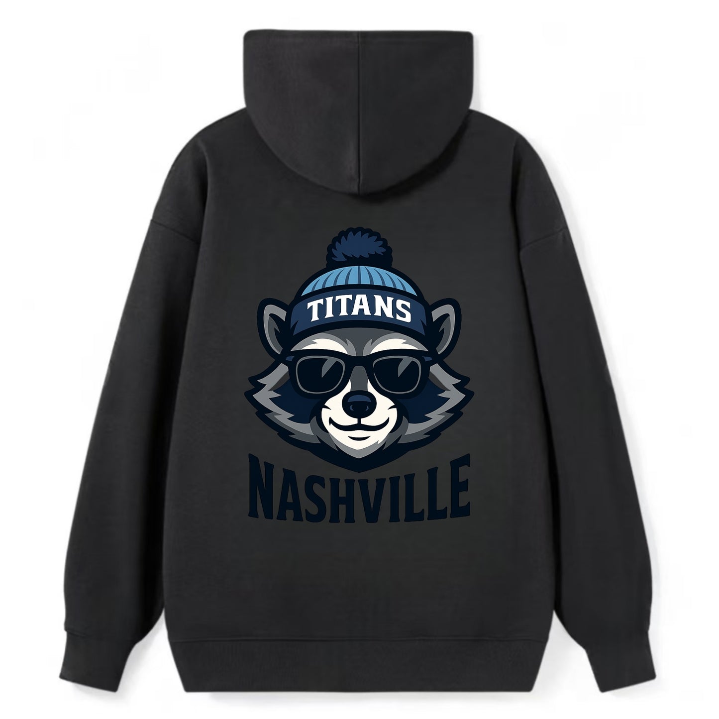 Nashville Raccoon wearing Titans navy and light blue beanie with pom pom - Classic Pullover Hoodie - Black