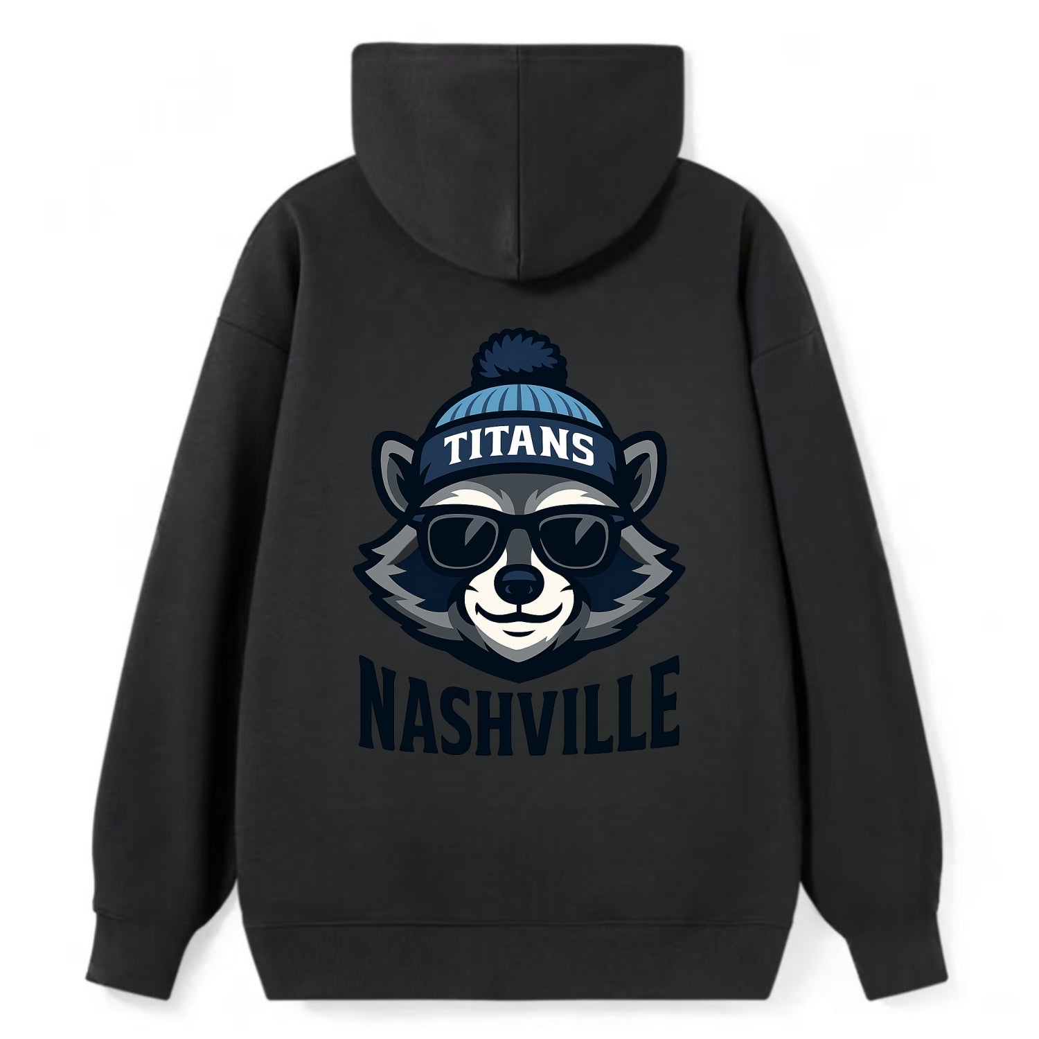 Nashville Raccoon wearing Titans navy and light blue beanie with pom pom - Classic Pullover Hoodie - Black