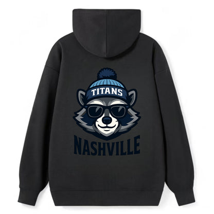 Nashville Raccoon wearing Titans navy and light blue beanie with pom pom - Classic Pullover Hoodie - Black