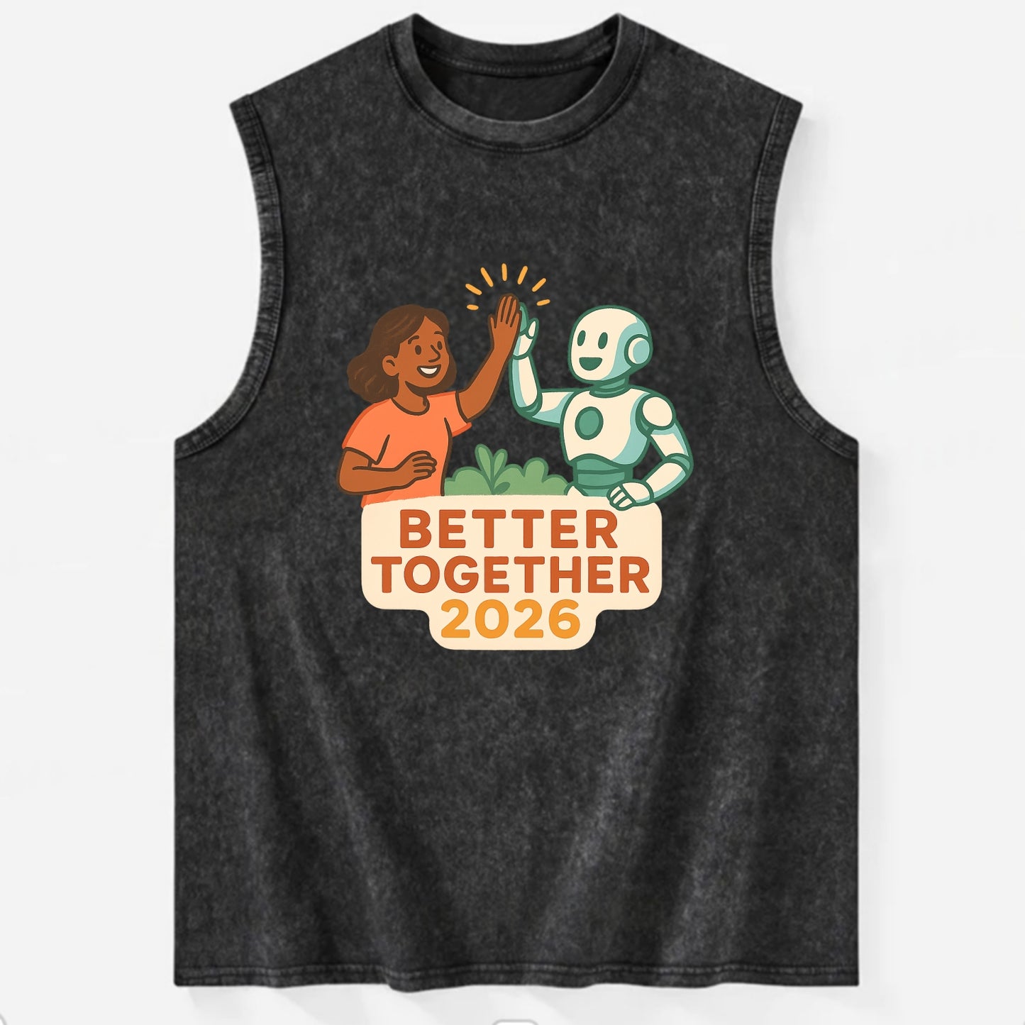 Human and AI robot high-fiving as collaborative partners - "Better Together - Vintage Washed Tank - Black