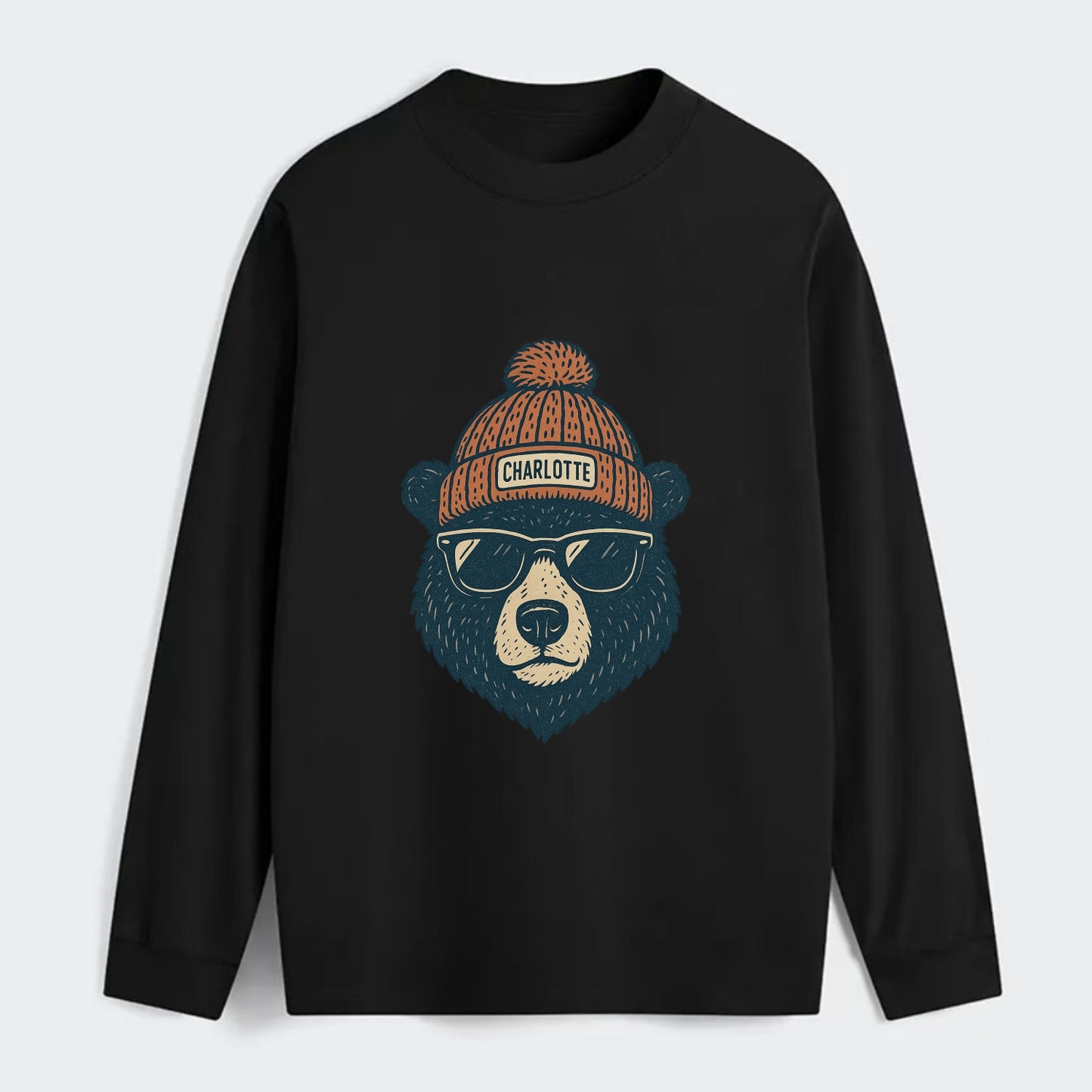 North Carolina Black Bear wearing Charlotte beanie with pom pom and - Classic Long Sleeve Shirt - Black
