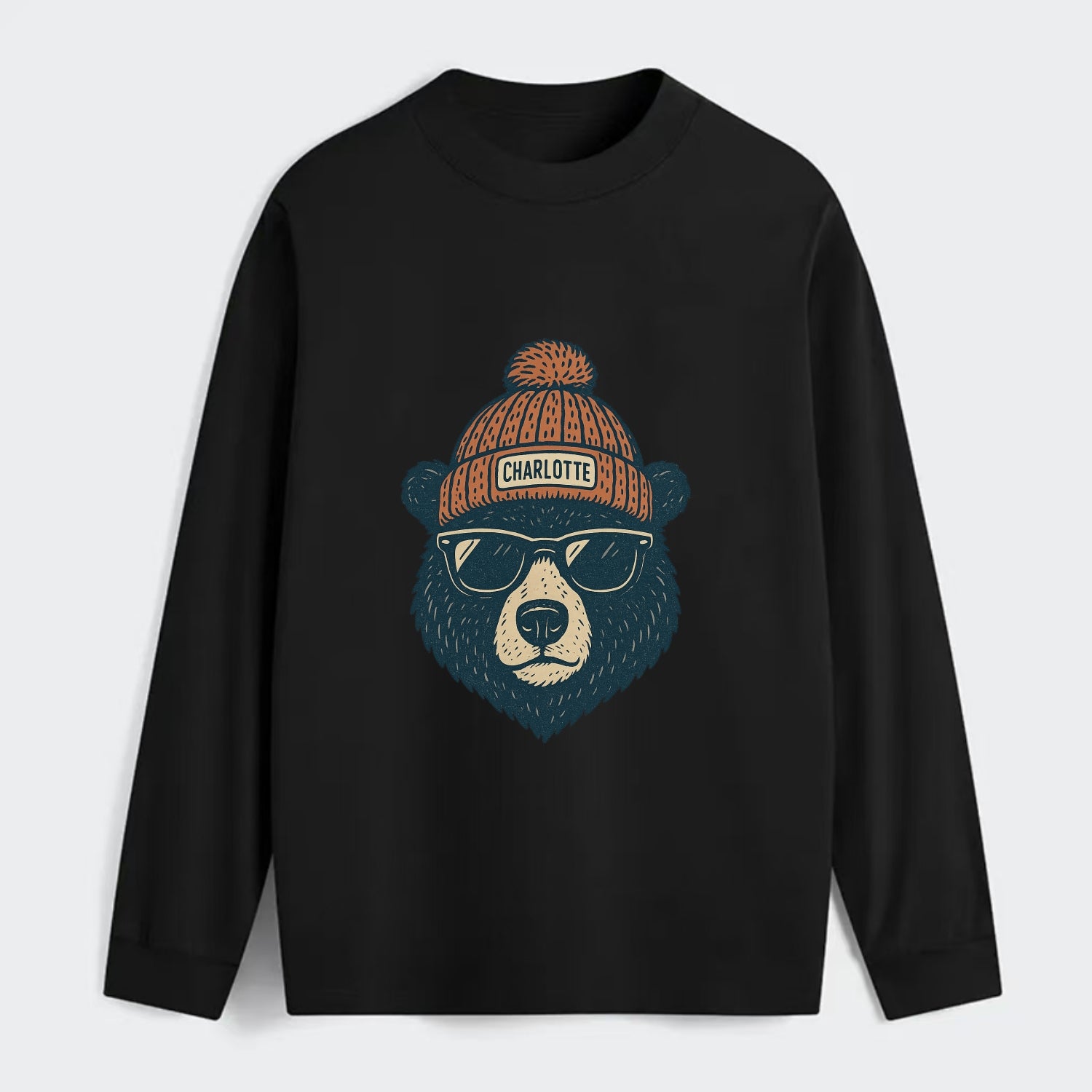 North Carolina Black Bear wearing Charlotte beanie with pom pom and - Classic Long Sleeve Shirt - Black