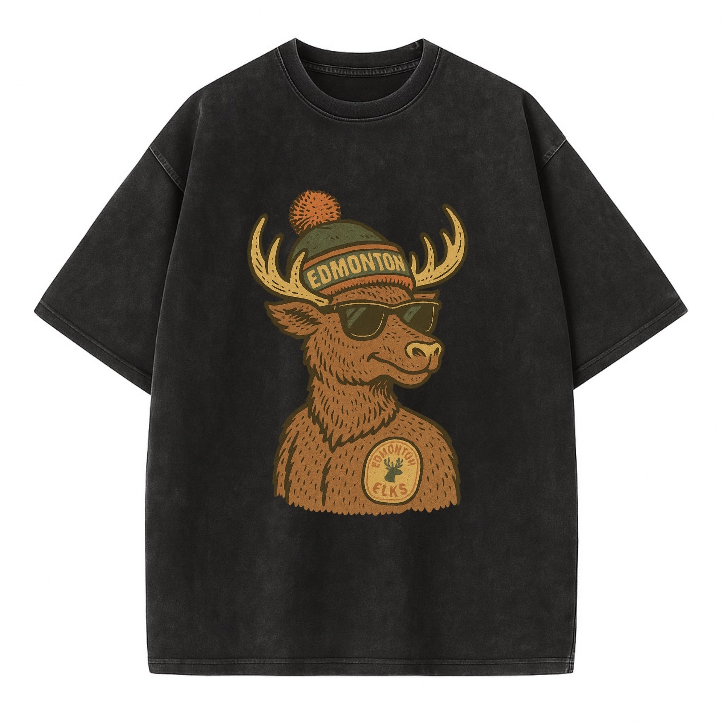 Edmonton Elk wearing Edmonton beanie with pom pom and wayfarer sunglasses - Vintage T-shirt - Black