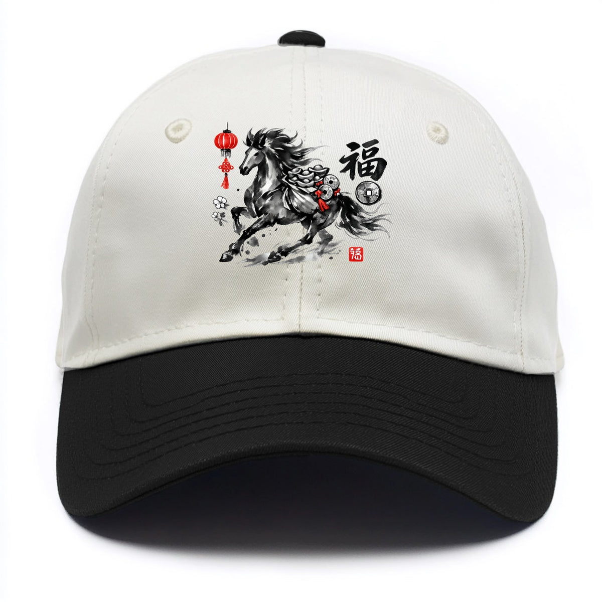 PROSPERITY HORSE | Horse carrying gold ingots and coins | Chinese knot decorations | - Two Tone Cap - Black