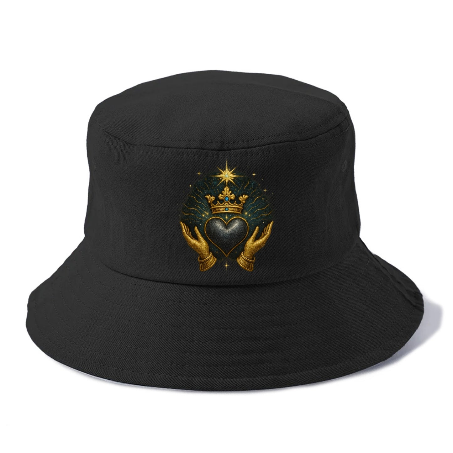 Pearl-studded tiara atop a satin-gunmetal heart supported by elegant opera-glove hands. - Bucket Hat - Black