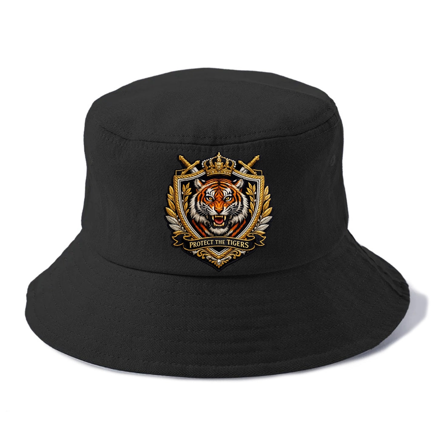 PROTECT THE TIGERS - tiger with shield in orange , big cat conservation - Bucket Hat - Black