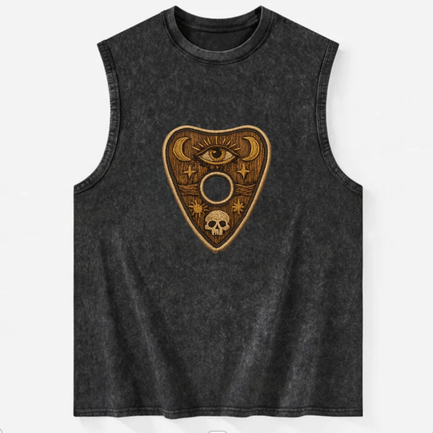 OUIJA PLANCHETTE - spirit board pointer in wood and gold , seance - Vintage Washed Tank - Black
