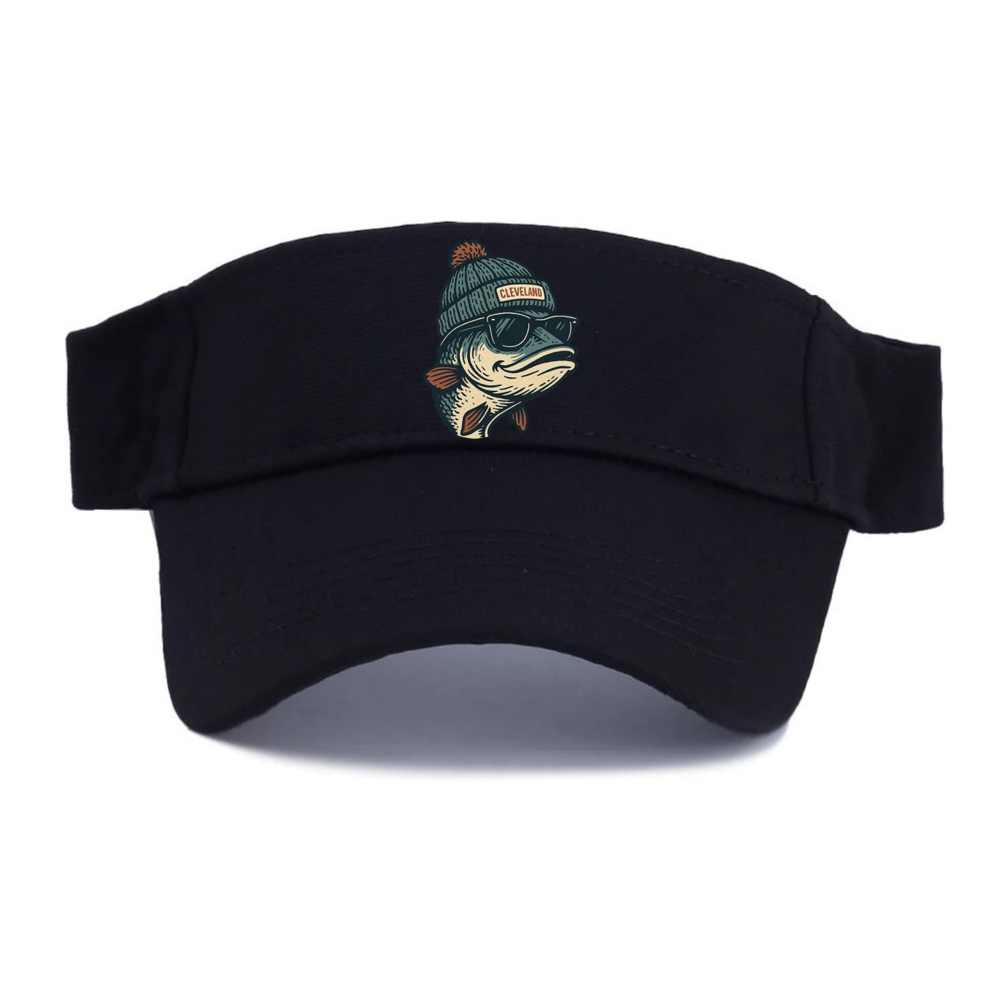Cleveland Lake Erie Walleye wearing Cleveland beanie with pom pom and wayfarer sunglasses - Visor - Black