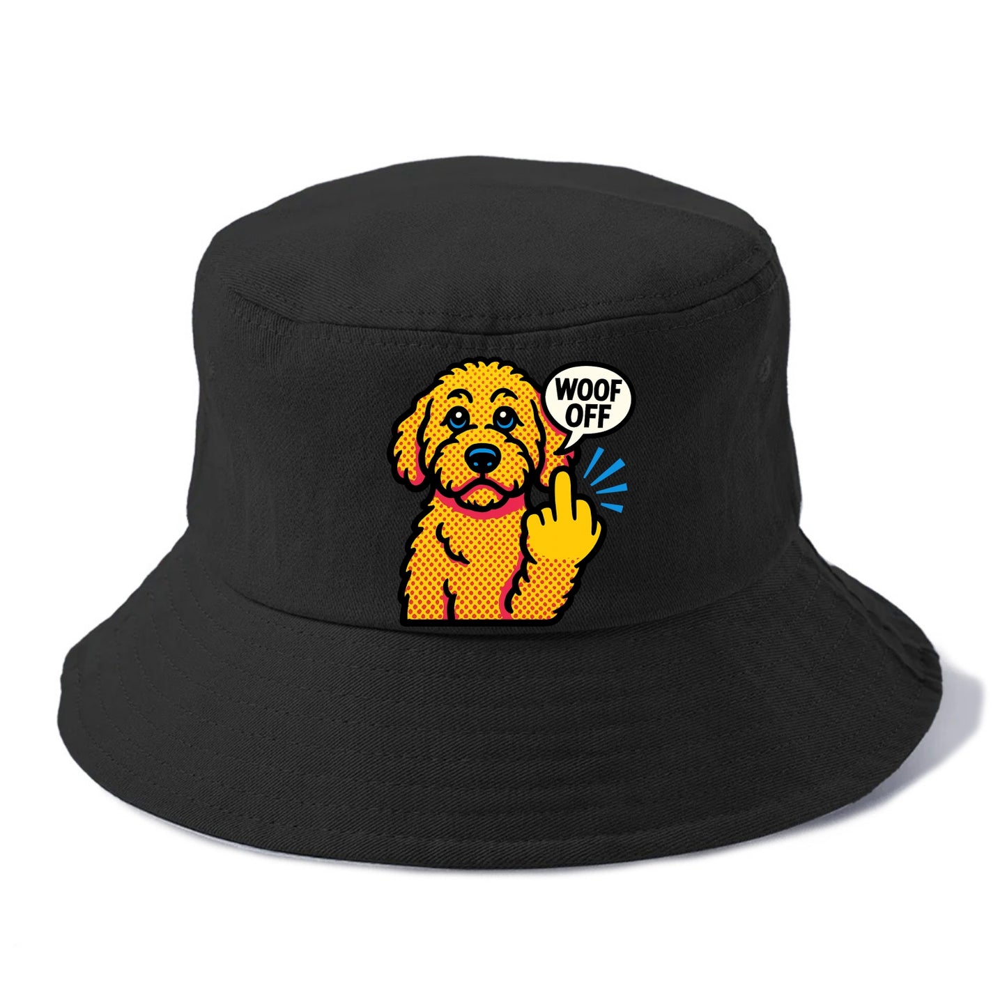 Goldendoodle with teddy bear face and curly golden coat, friendly paw flipping off - Bucket Hat - Black
