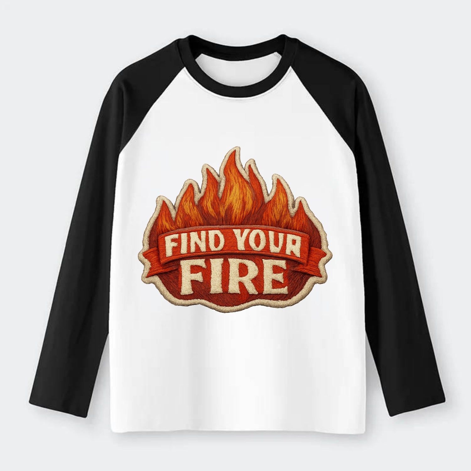 FIND YOUR FIRE - flames with text in orange , passion - Raglan Long Sleeve T-Shirt - Black