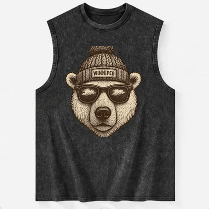 Winnipeg Polar Bear wearing Winnipeg beanie with pom pom and wayfarer - Vintage Washed Tank - Black