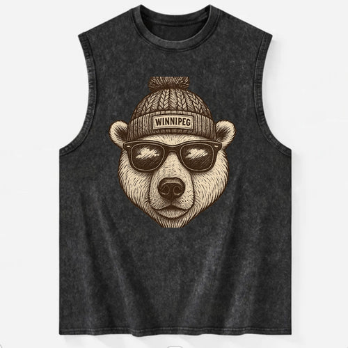 Winnipeg Polar Bear wearing Winnipeg beanie with pom pom and wayfarer - Vintage Washed Tank