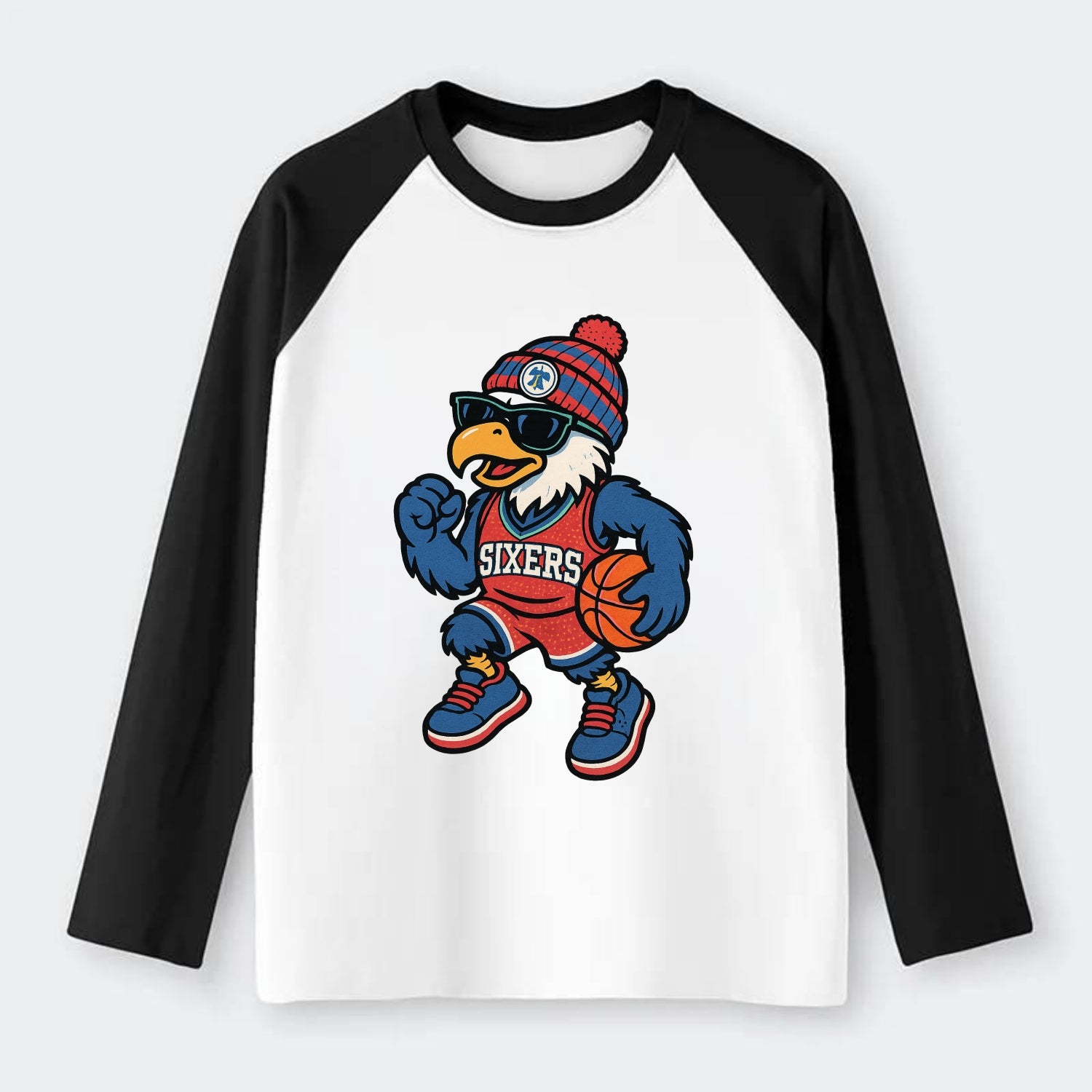 Philadelphia Eagle wearing 76ers red white and blue beanie with bell - Raglan Long Sleeve T-Shirt - Black