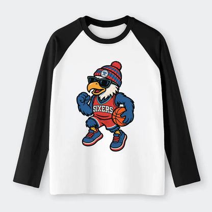 Philadelphia Eagle wearing 76ers red white and blue beanie with bell - Raglan Long Sleeve T-Shirt - Black