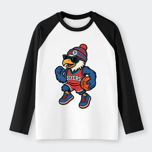Philadelphia Eagle wearing 76ers red white and blue beanie with bell - Raglan Long Sleeve T-Shirt - Black