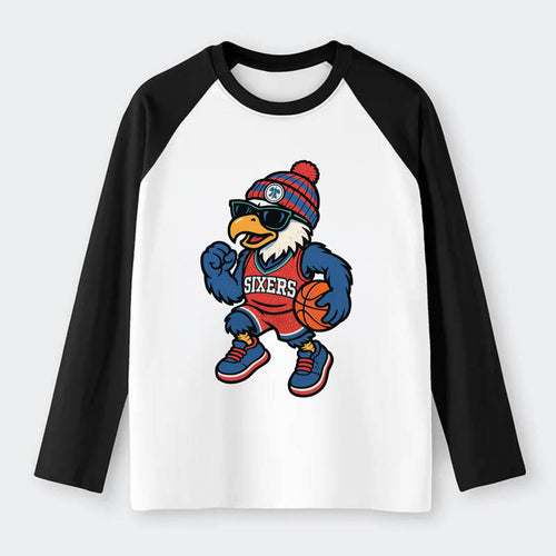 Philadelphia Eagle wearing 76ers red white and blue beanie with bell - Raglan Long Sleeve T-Shirt