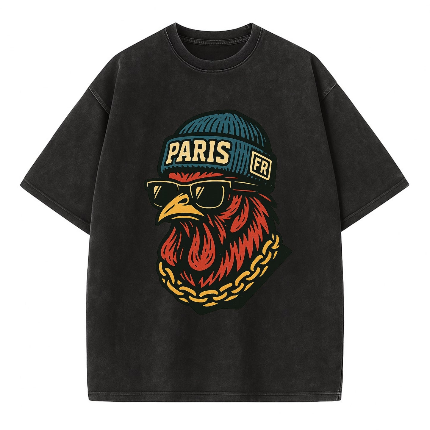 Paris Rooster - Vintage T-shirt - Black