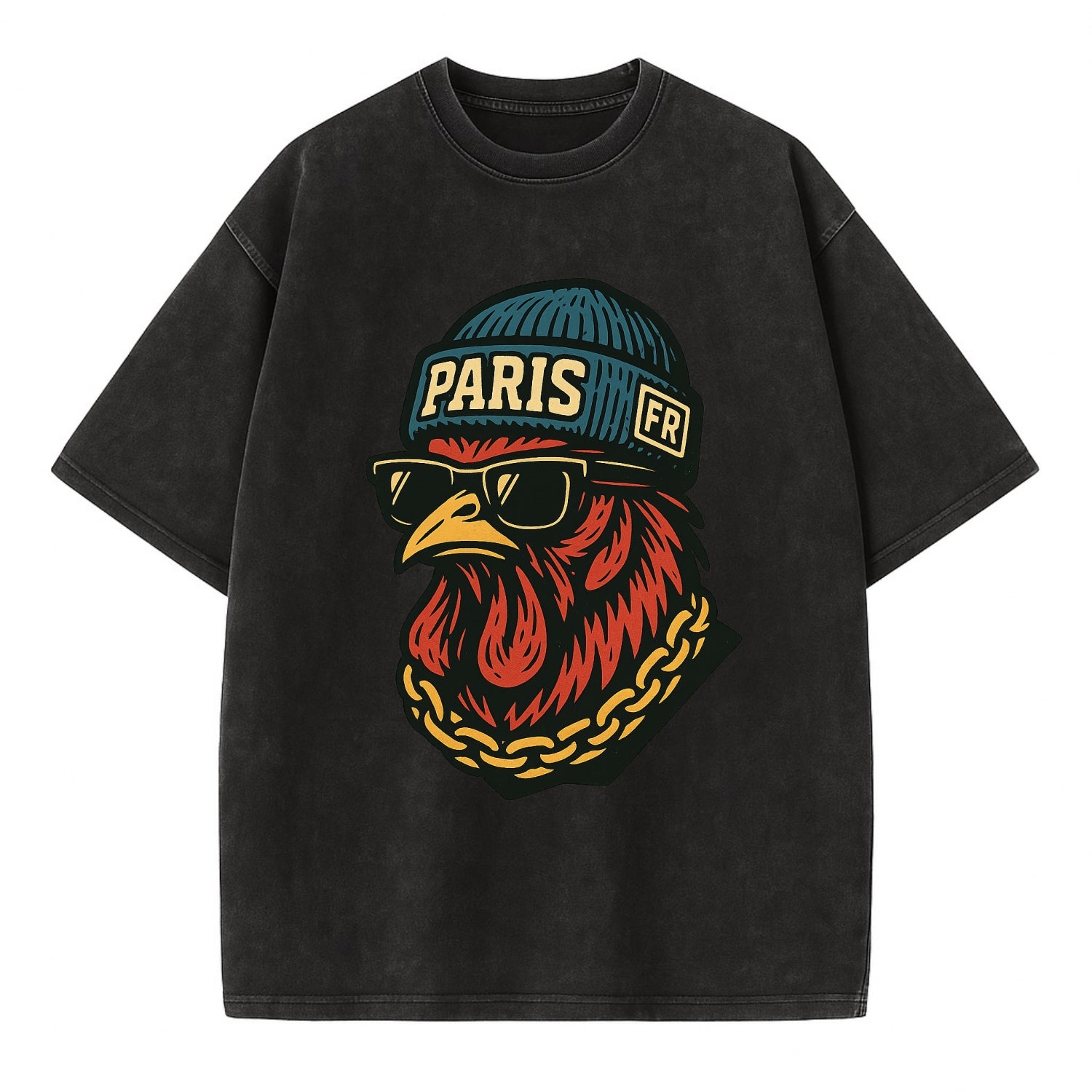 Paris Rooster - Vintage T-shirt - Black