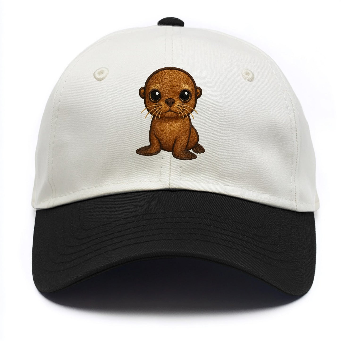 Baby California Sea Lion - golden brown, large expressive eyes, whiskers, - Two Tone Cap - Black