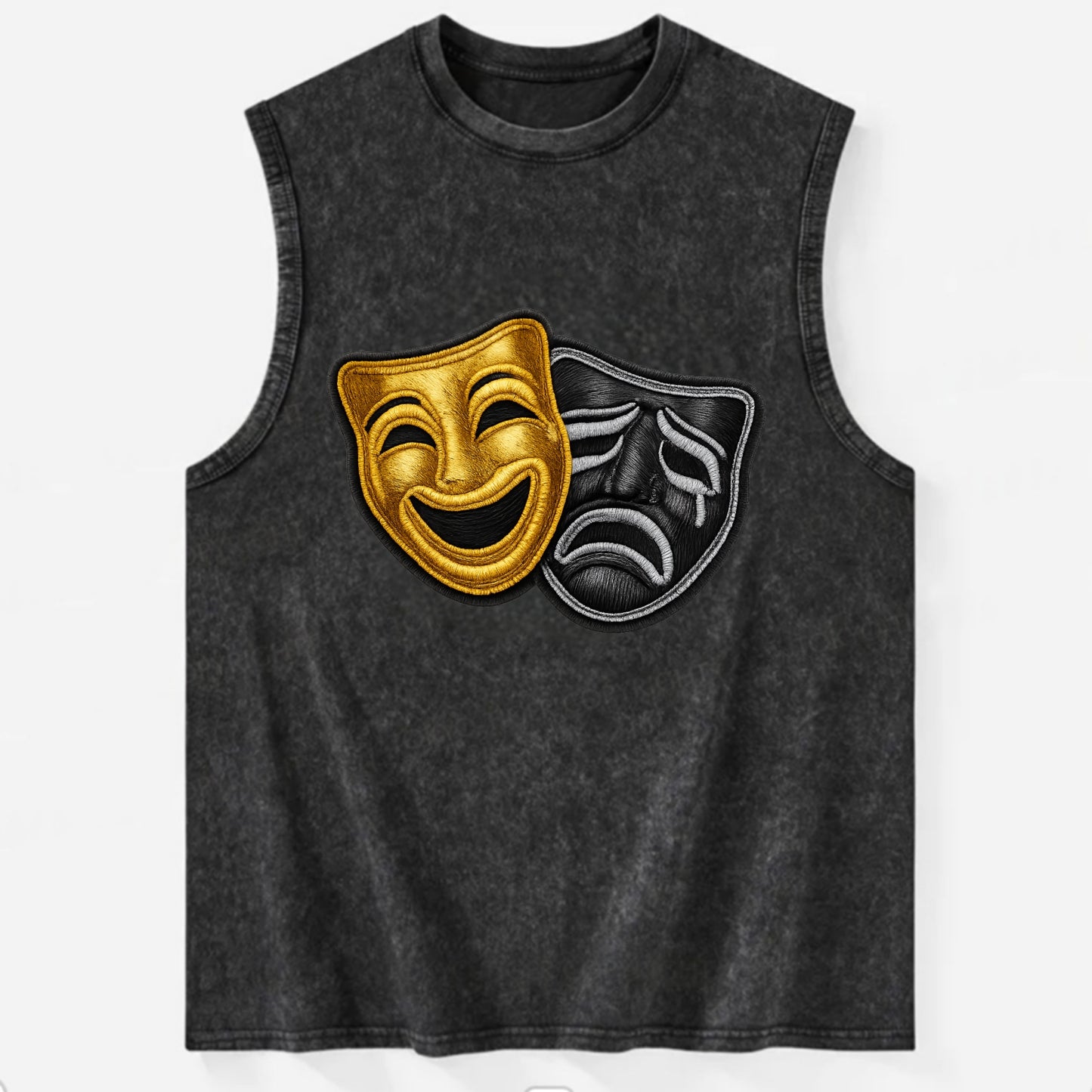 BROADWAY MASKS - comedy tragedy masks in gold and black , theater - Vintage Washed Tank - Black
