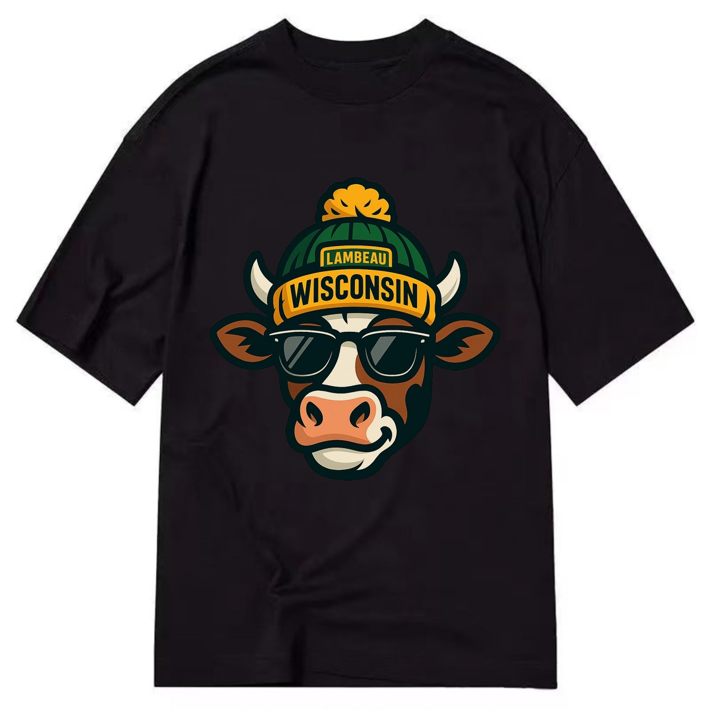Wisconsin Cow wearing Packers beanie with Lambeau patch and wayfarer sunglasses - Classic T-shirt - Black