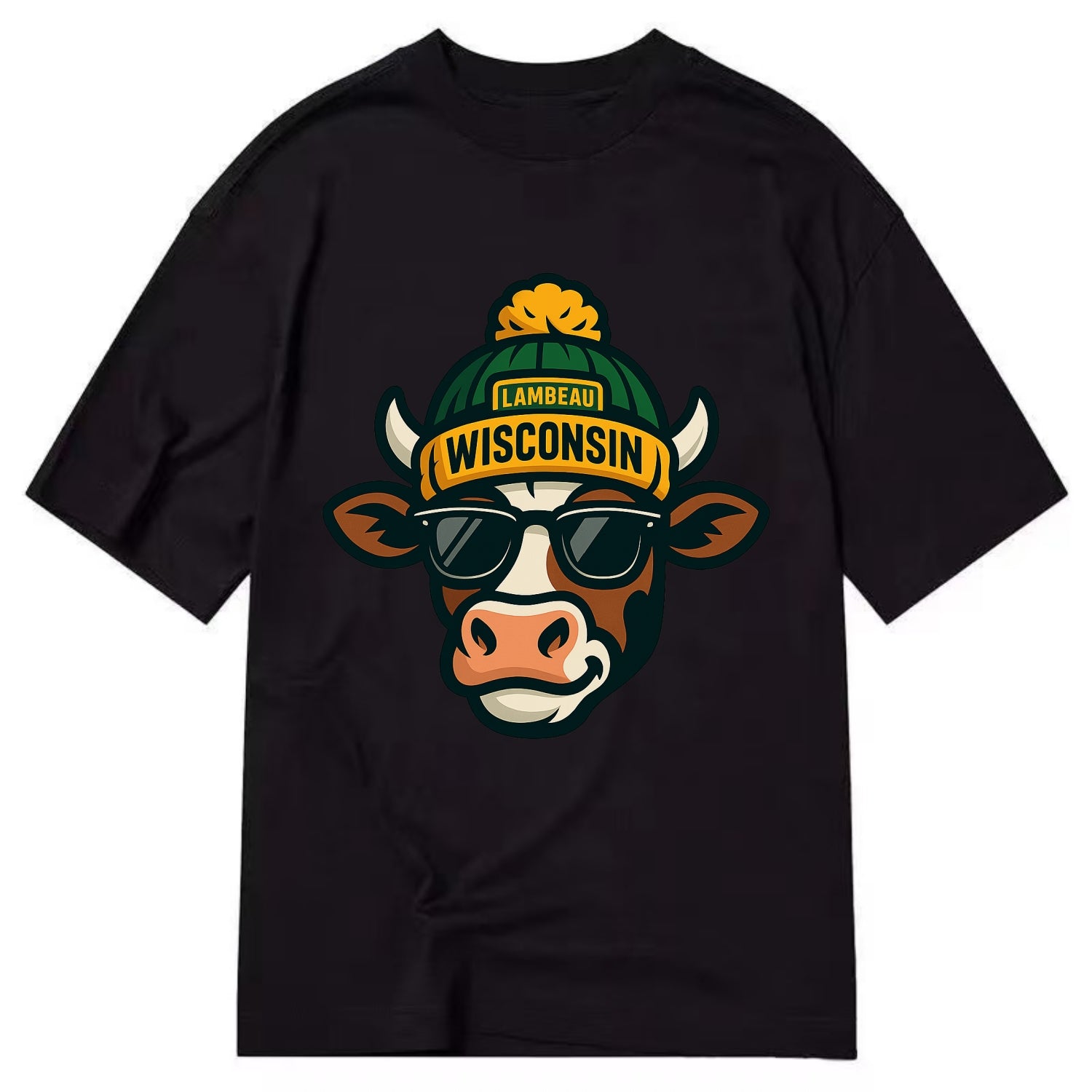 Wisconsin Cow wearing Packers beanie with Lambeau patch and wayfarer sunglasses - Classic T-shirt - Black