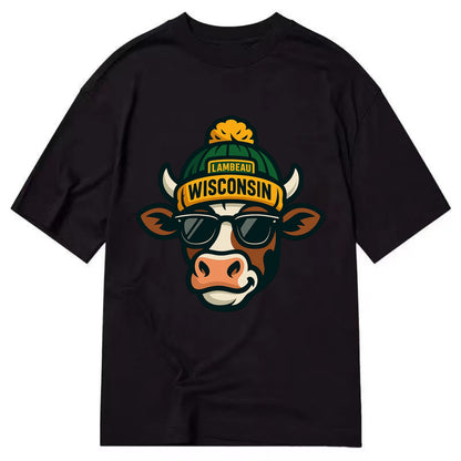 Wisconsin Cow wearing Packers beanie with Lambeau patch and wayfarer sunglasses - Classic T-shirt - Black