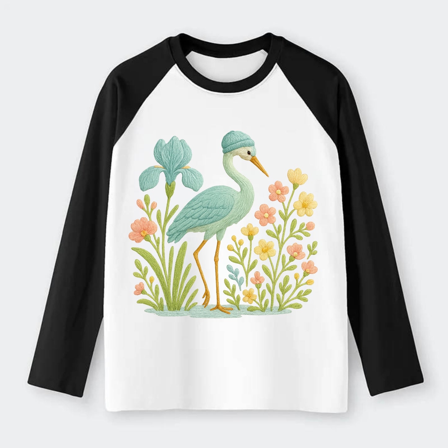 Mint Crane - Raglan Long Sleeve T-Shirt - Black