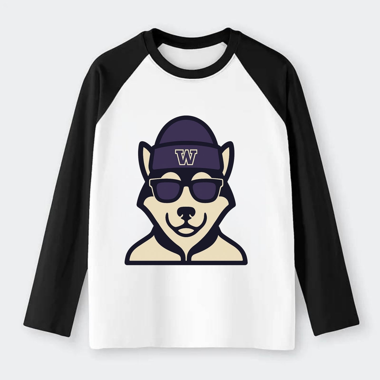 Seattle Husky wearing Washington beanie with W patch - Raglan Long Sleeve T-Shirt - Black