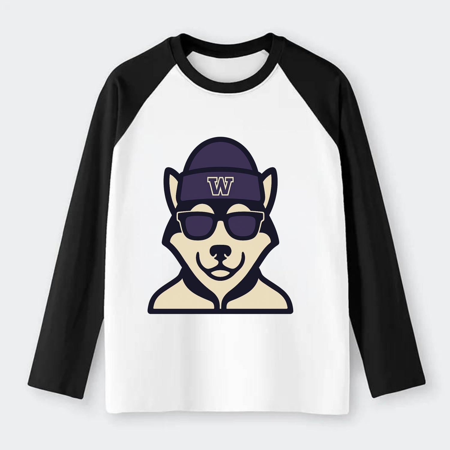 Seattle Husky wearing Washington beanie with W patch - Raglan Long Sleeve T-Shirt - Black